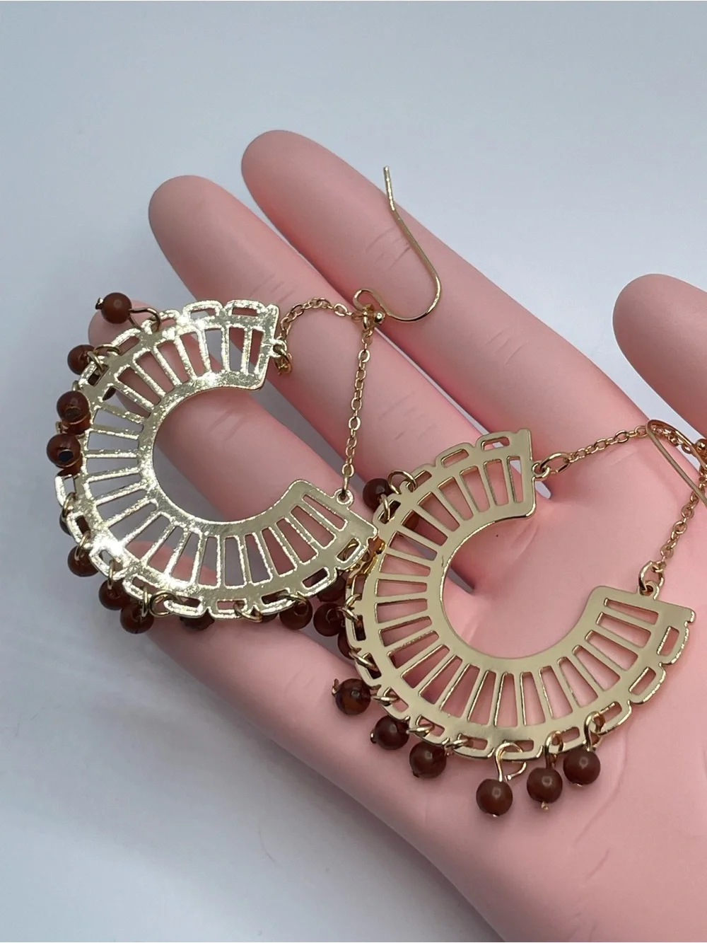 Gold Tone Boho Fan Dangle Earrings Brown Bead Fringe Statement